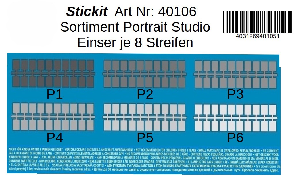Produktbild: Stickit Art Nr. 40106 Sortiment Portrait Studio auf blauer Trägerkarte; sechs beschriftete Reihen P1 bis P6 mit je acht Einser-Streifen, Artikelbezeichnung oben und Barcode oben rechts