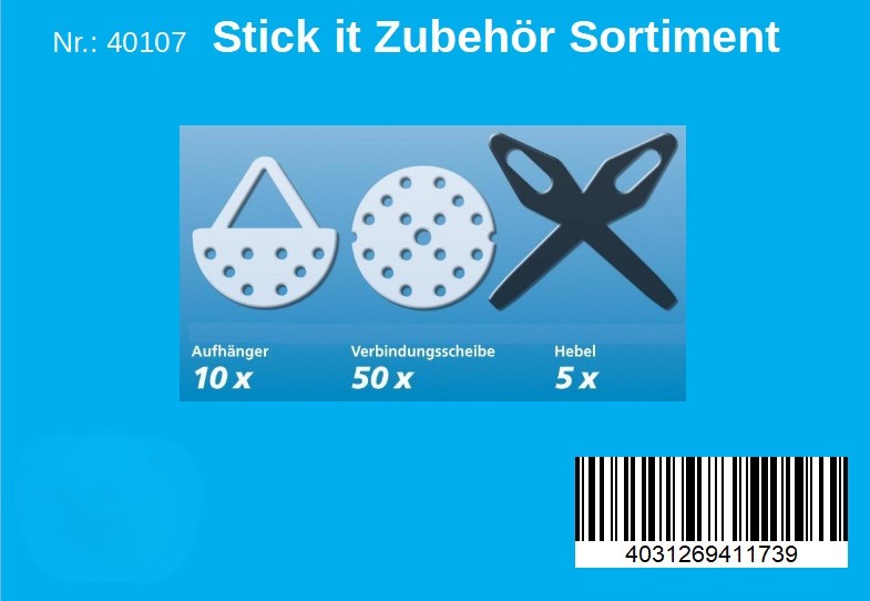 Produktbild Stick it Zubehör Sortiment Nr. 40107 auf blauem Hintergrund mit Abbildungen: weiße Aufhänger (10×), weiße Verbindungsscheiben (50×) und schwarze Hebel (5×) sowie Barcode