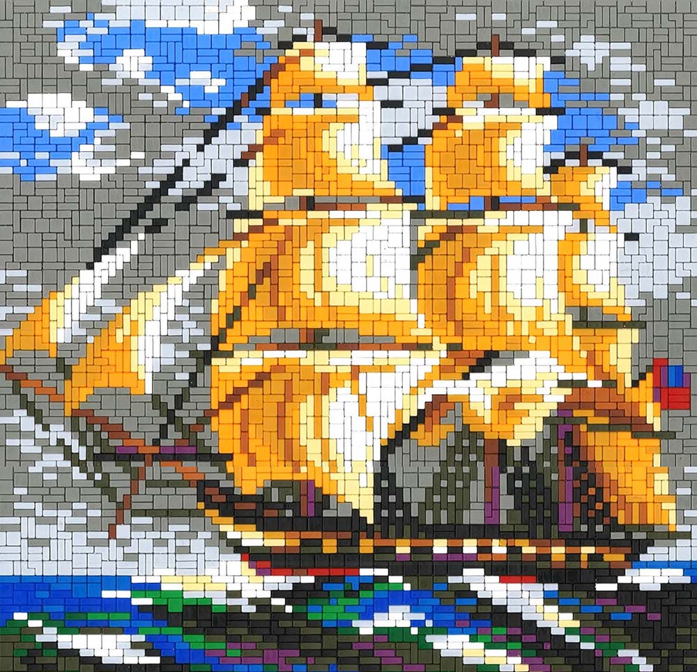 42231-Dreimaster Mosaik eines Segelschiffs mit gelben Segeln