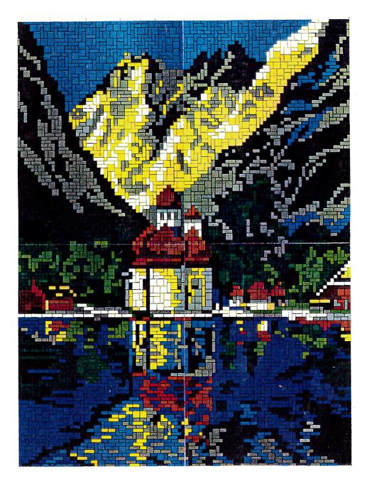 42142-C Buntes Mosaik mit Kirche und Bergspiegelung im See
