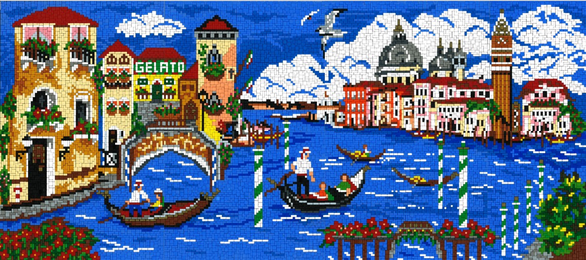 Buntes Mosaik-Pixelbild einer venezianischen Kanalansicht mit Gondeln auf blauem Wasser, Fußgängerbrücke, bunten Uferhäusern mit Blumen, Gelato-Schild und Kuppelgebäuden im Hintergrund