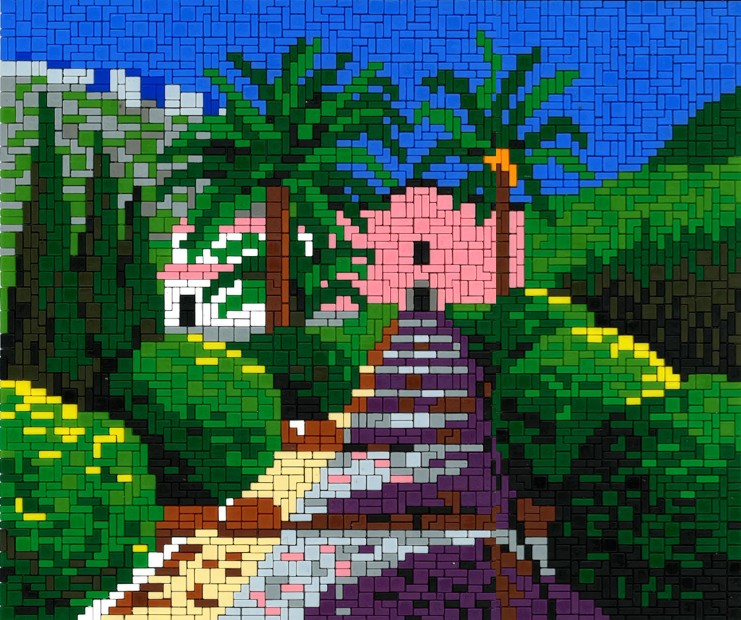 Alfabia Garten auf Mallorca Pixel‑Mosaik eines bunten Gartenwegs, der zu einem rosa Haus mit Palmen führt; blaues Himmelshintergrund, grüne Büsche und steinerner Pfad – ideal als Kunstdruck oder Puzzle