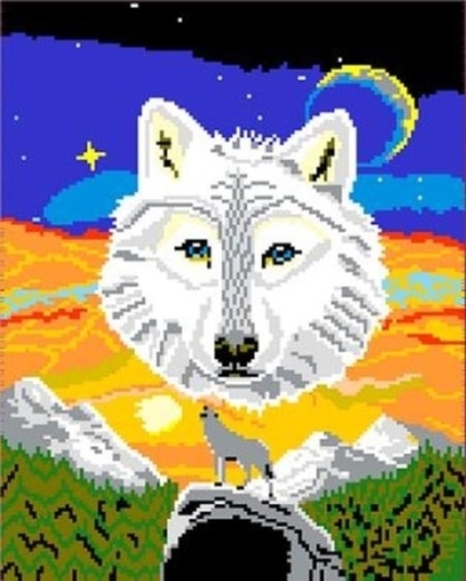 Ebay-Wolf-2 Pixelbild: Wolfskopf im Himmel, Wolf auf Felsen