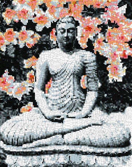 Mosaik-Wandbild eines sitzenden Buddha in Lotusposition vor orange-rosa Blüten, schwarz-weiß und farbige Pixel/Mosaikoptik, dekoratives Poster für Wohnzimmer, Meditation oder Yoga-Raum