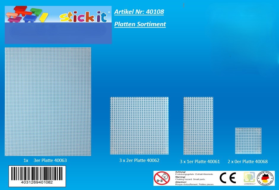 Produktbild Steckplatten Sortiment von Stick it®: Übersicht der vier Steckplatten-Größen (Nr.3, Nr.2, Nr.1, Nr.0) auf blauem Hintergrund; Mini Stecksystem, fördert Feinmotorik und Kreativität