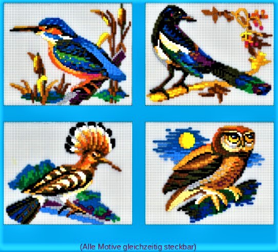 GW42222-V-gel-4in4 Vier bunte Vogel-Motive als Perlenmosaik (steckbar)