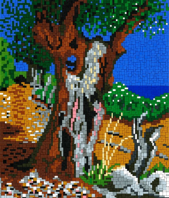 Bunter Mosaik-Kunstdruck mit großem Baum, Strand, blauem Meer und Steinen in pixelartiger Kacheloptik